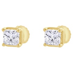 14 Karat Yellow Gold Princess Cut Diamond Stud Earrings