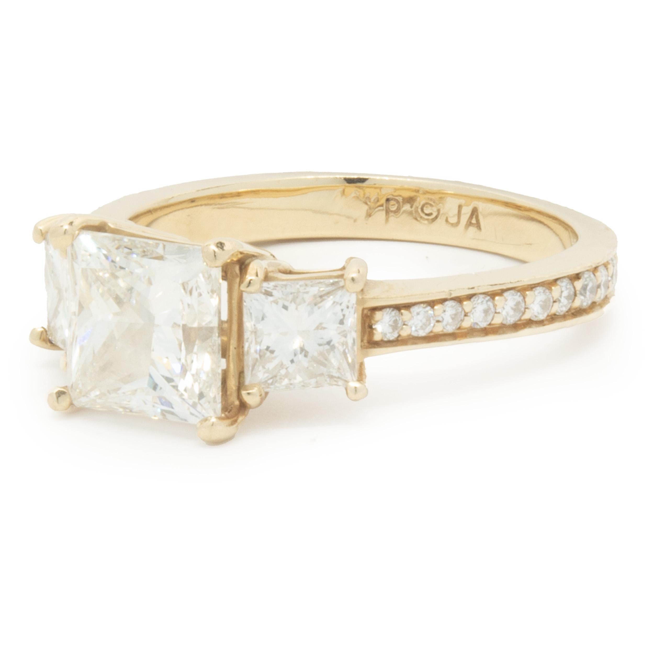 Women's 14 Karat Yellow Gold Princess Cut Diamond Three Stone Engagement Ring For Sale