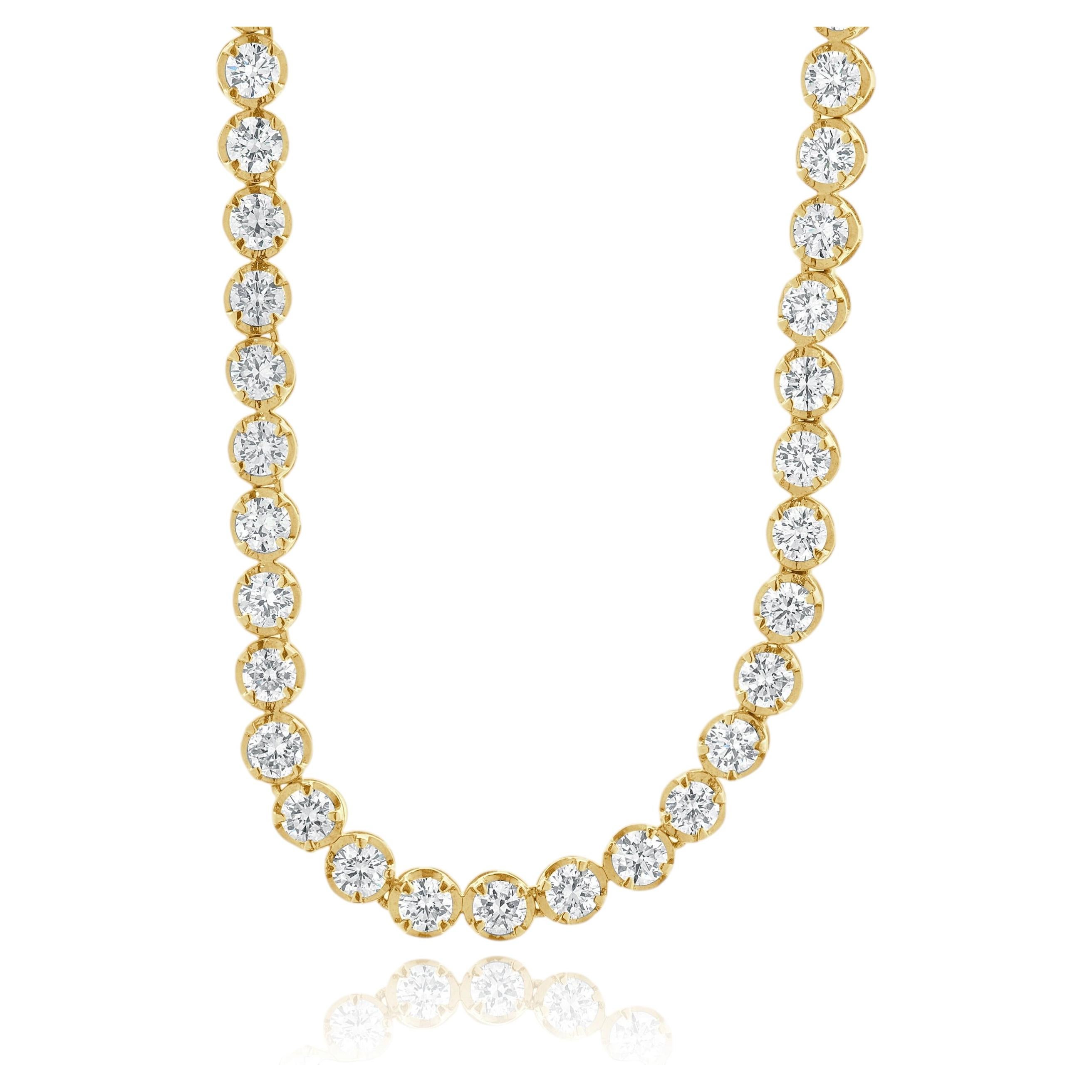 14 Karat Yellow Gold Prong Set Round Diamond Inline Necklace For Sale