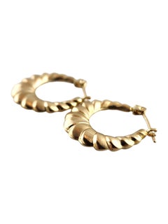 14 Karat Yellow Gold Puffy Hollow Ribbed Twist Hoop Earrings #18985