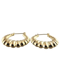 14 Karat Yellow Gold Puffy Oval Ribbed Hoop Earrings #18986