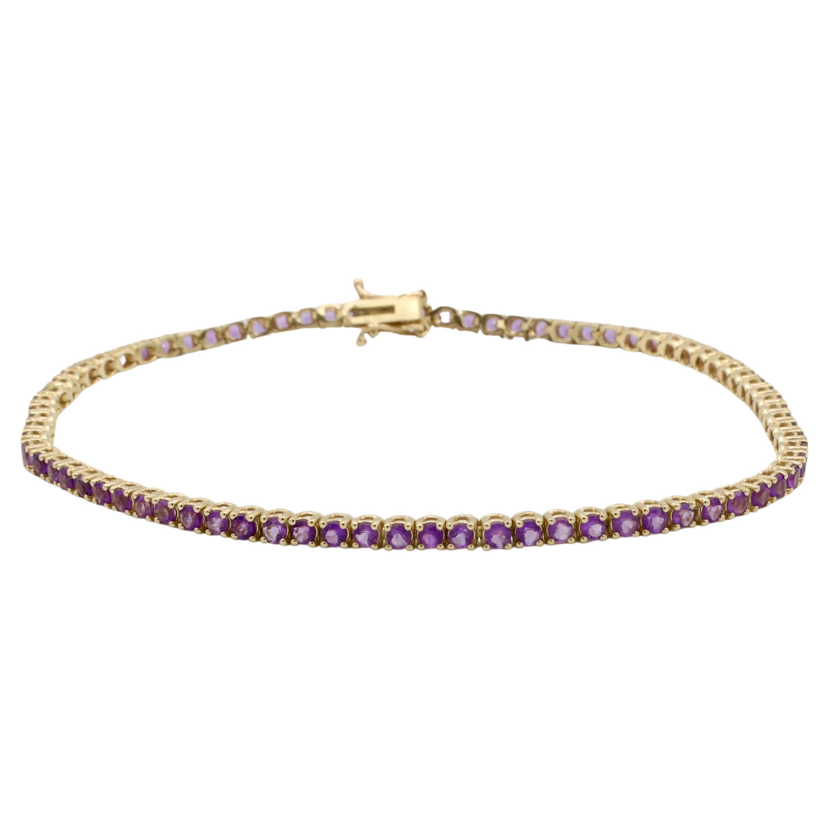 Bracelet de tennis en or jaune 14 carats avec ligne d'améthyste violette 