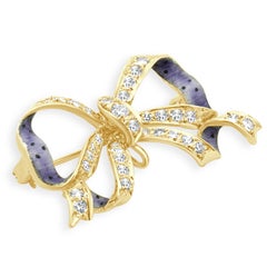 14 Karat Yellow Gold Purple Enamel and Diamond Bow Pin