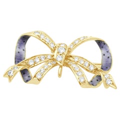 14 Karat Yellow Gold Purple Enamel and Diamond Bow Pin
