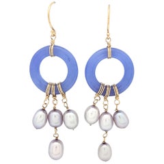 14 Karat Yellow Gold Purple Jade and Lavender Pearl Dangle Earrings
