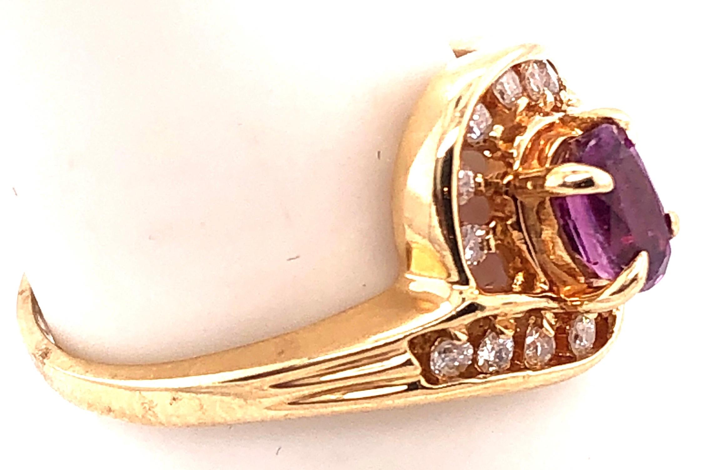 Modern 14 Karat Yellow Gold Purple Peridot Ring with Round Diamond Accents 0.14 TDW For Sale