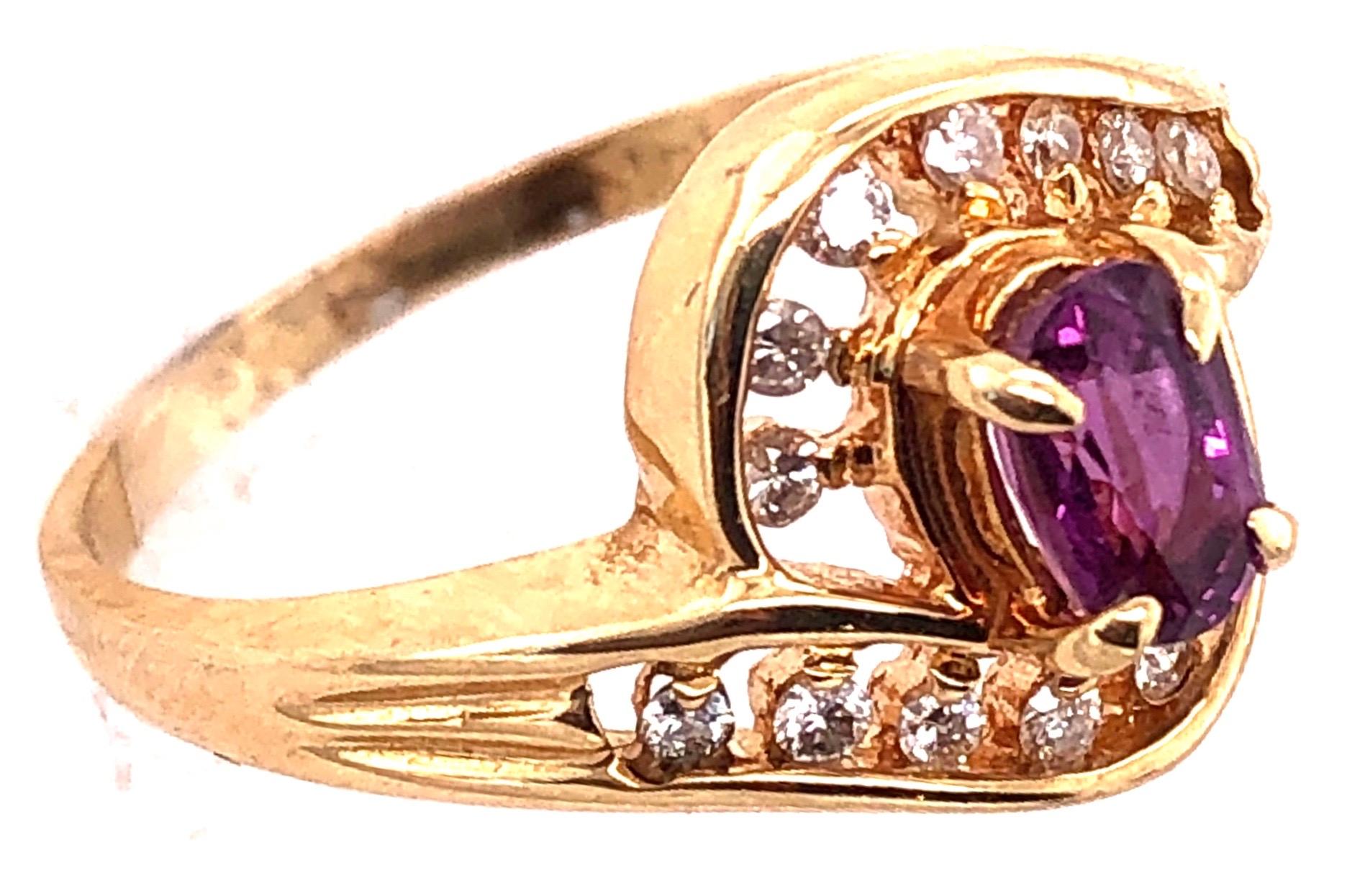 14 Karat Yellow Gold Purple Peridot Ring with Round Diamond Accents 0.14 TDW For Sale 2