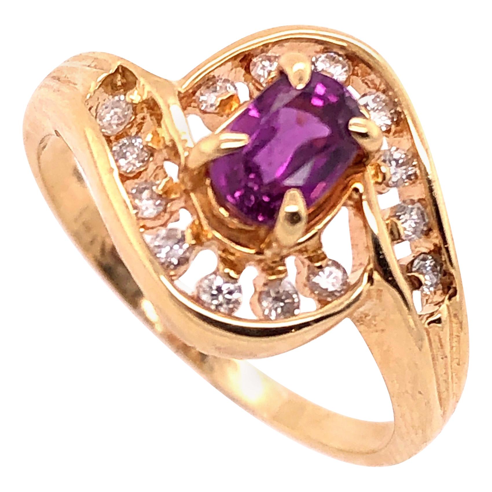 14 Karat Yellow Gold Purple Peridot Ring with Round Diamond Accents 0.14 TDW For Sale
