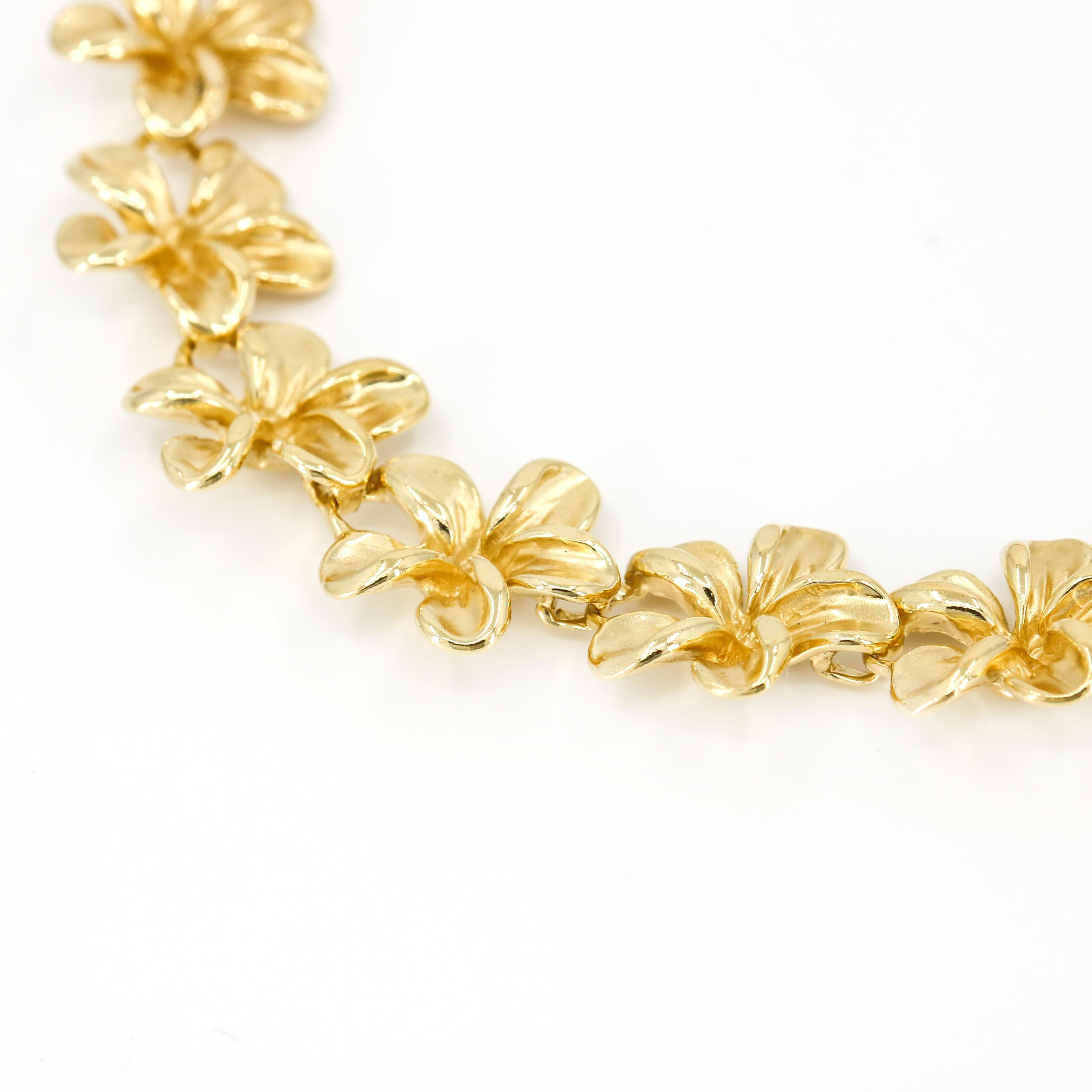 Queen Plumeria bracelet in 14-karat yellow gold. Signed CJ. 

Size, Medium
Length, 7.5 inches 
Width, 11mm
Depth, 3.5mm
Weight, 15.6 grams 