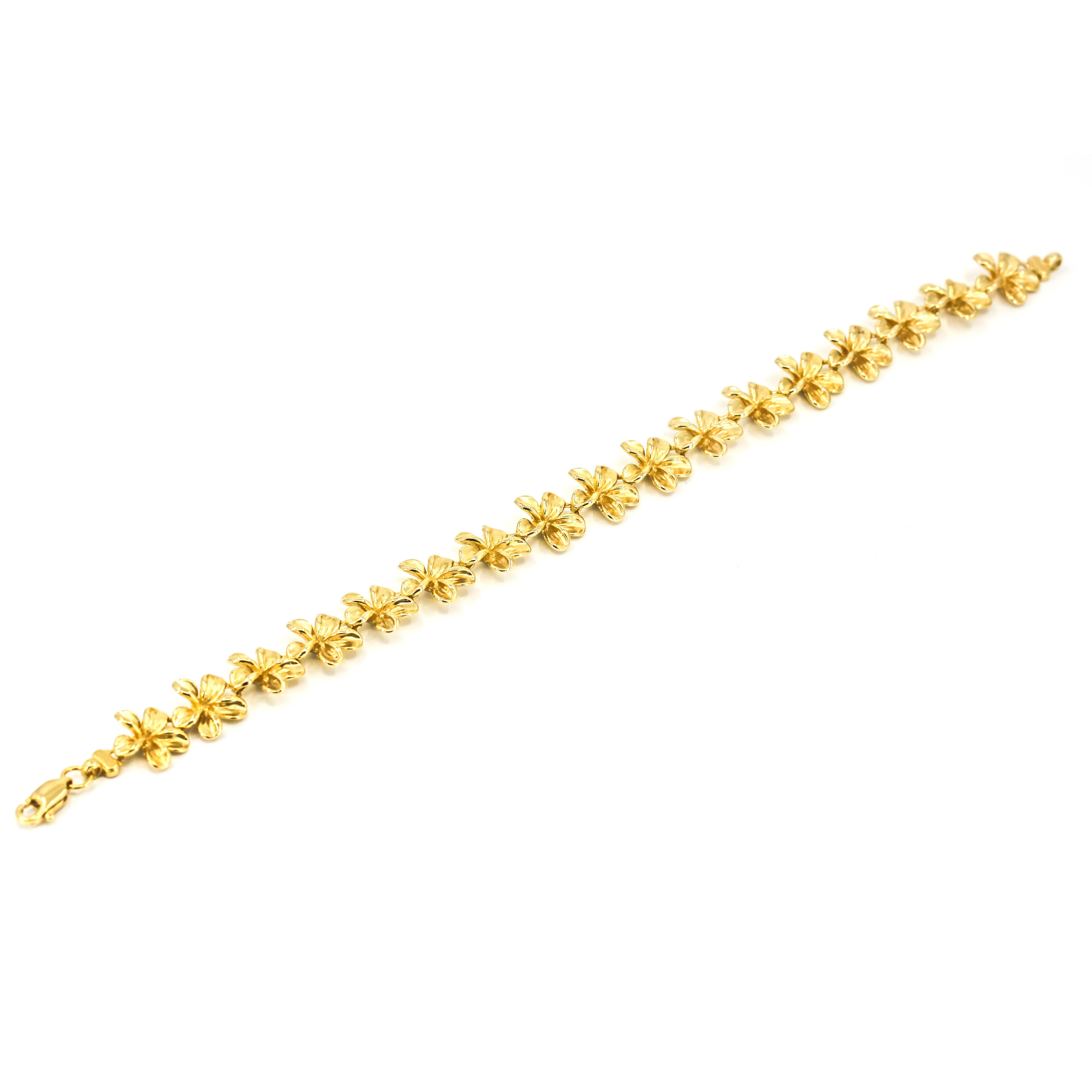 14 Karat Yellow Gold Queen Plumeria Flower Link Bracelet For Sale 1