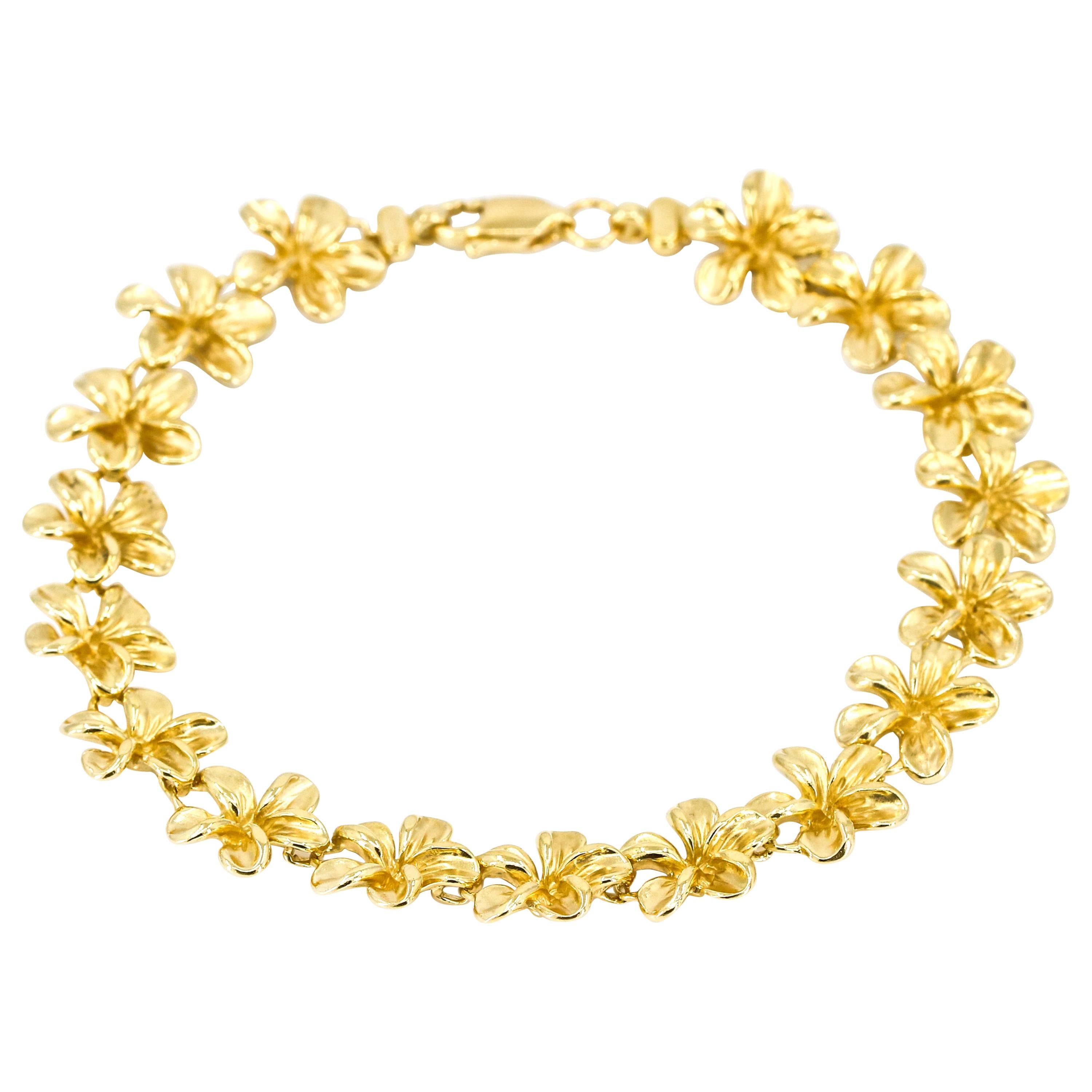 14 Karat Yellow Gold Queen Plumeria Flower Link Bracelet For Sale