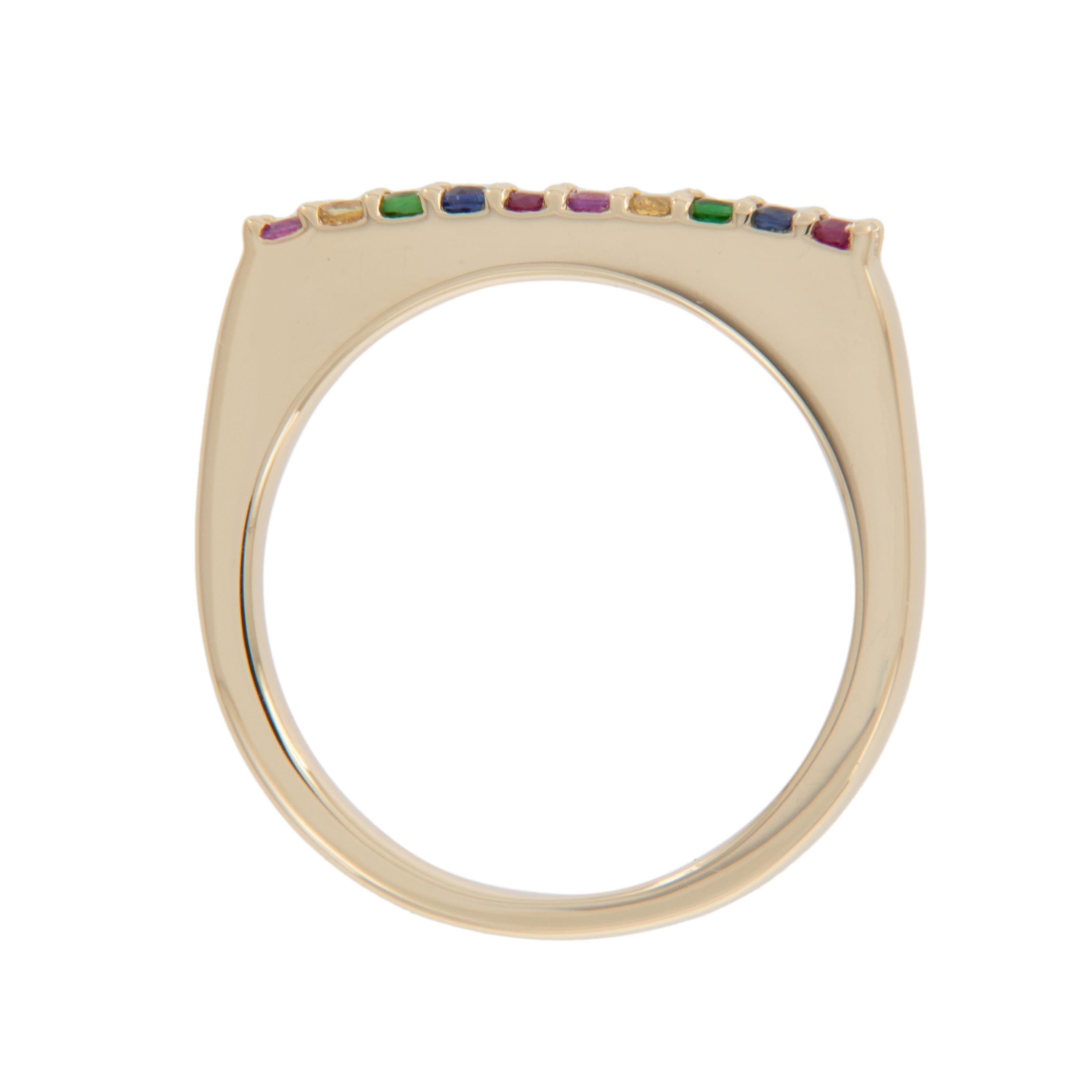 Contemporary 14 Karat Yellow Gold Rainbow Gemstone Bar Ring For Sale