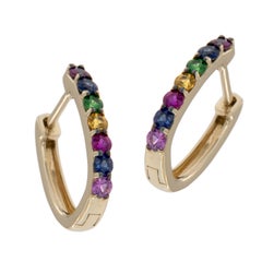 14 Karat Yellow Gold Rainbow Gemstone Hoop Earrings