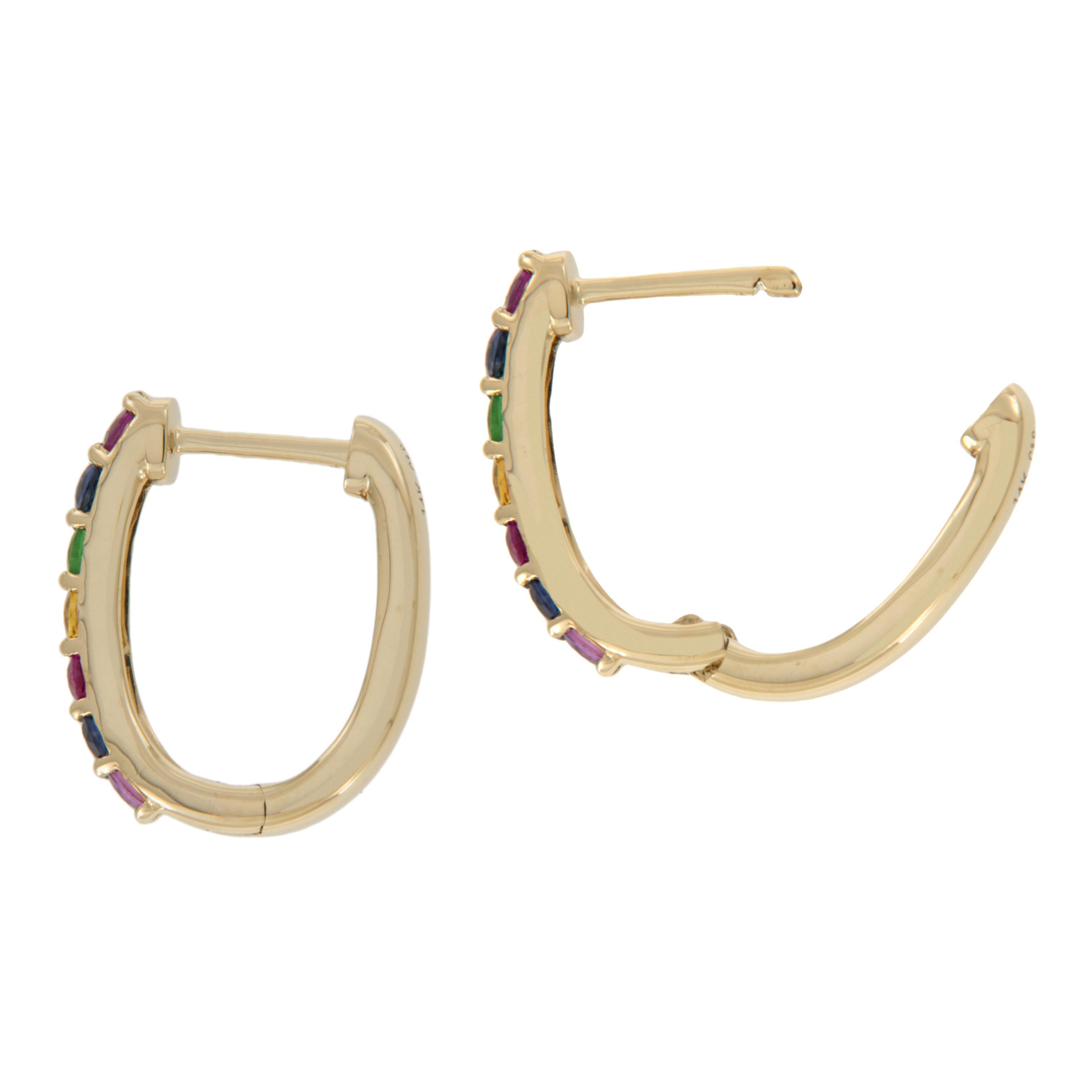 Round Cut 14 Karat Yellow Gold Rainbow Gemstone Hoop Earrings  For Sale