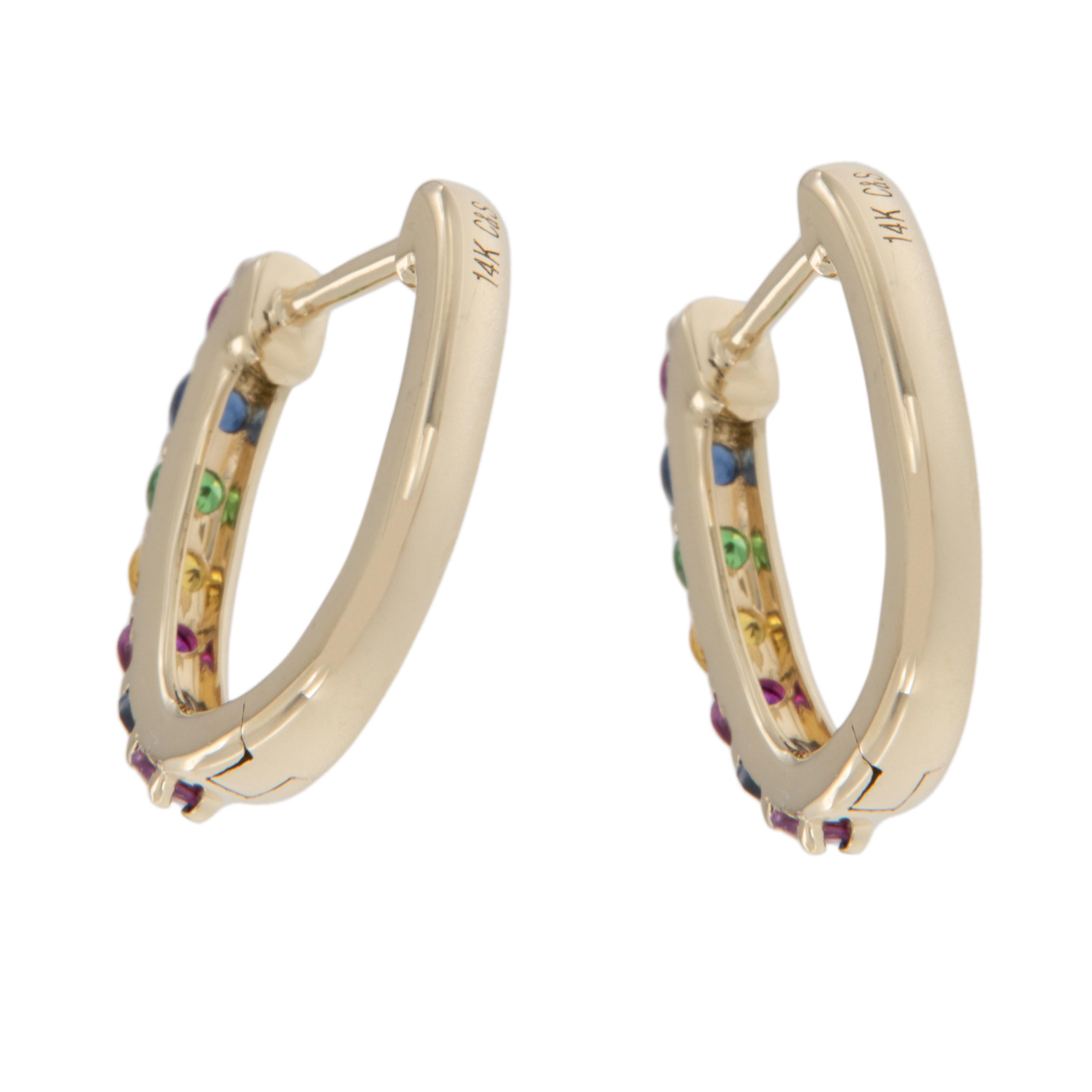 14 Karat Yellow Gold Rainbow Gemstone Hoop Earrings  In New Condition For Sale In Troy, MI