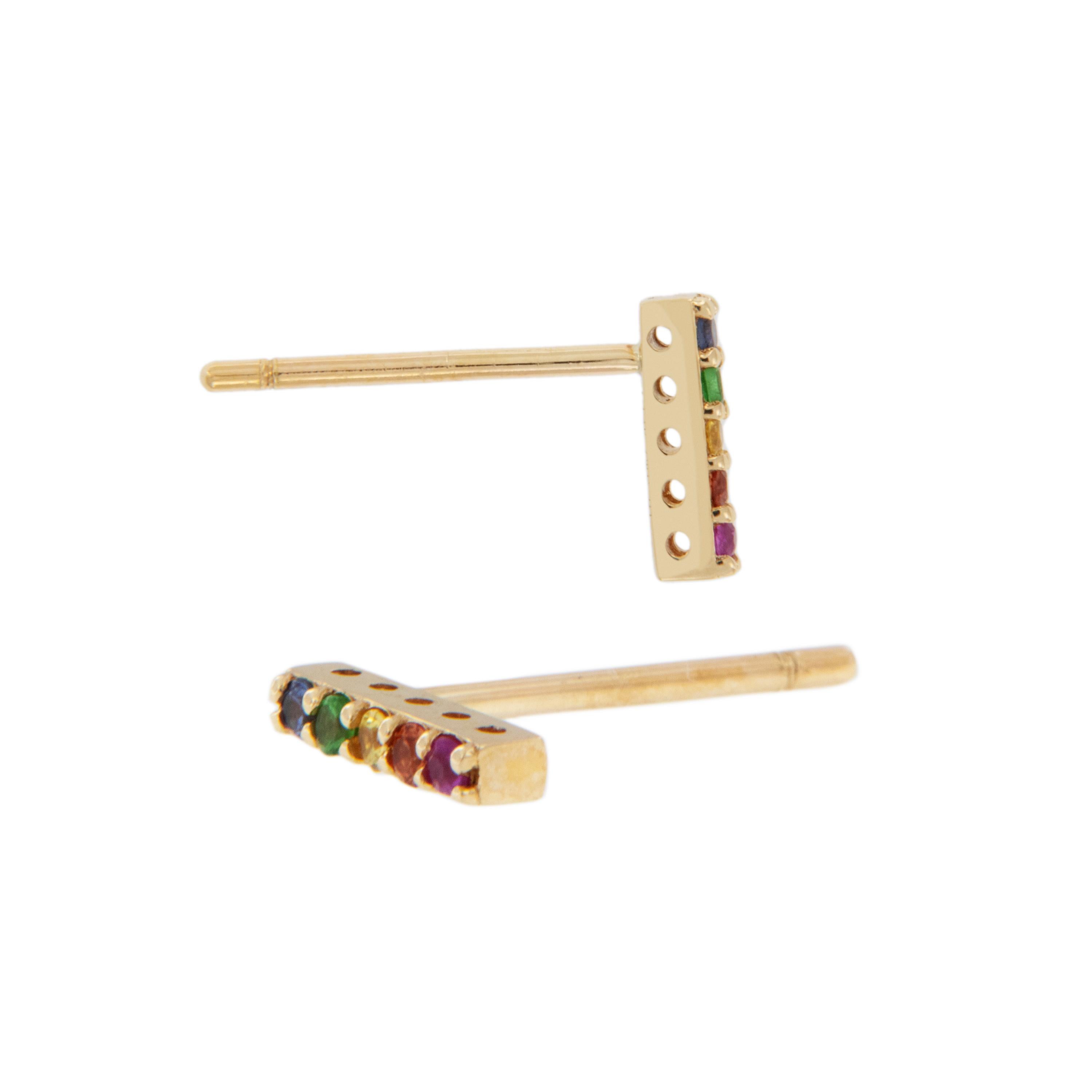 Your own little pot of gold at the end of the rainbow! You could be the owner of these fun & colorful petite stick style earrings with 0.11 Cttw. of precious gemstones ( multi colored sapphires & tsavorites) in straight bar fashion! A rainbow always