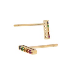 14 Karat Yellow Gold Rainbow Gemstone Stick Earrings