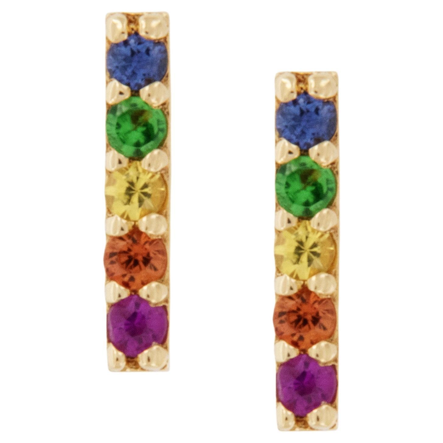 14 Karat Yellow Gold Rainbow Gemstone Stick Earrings For Sale