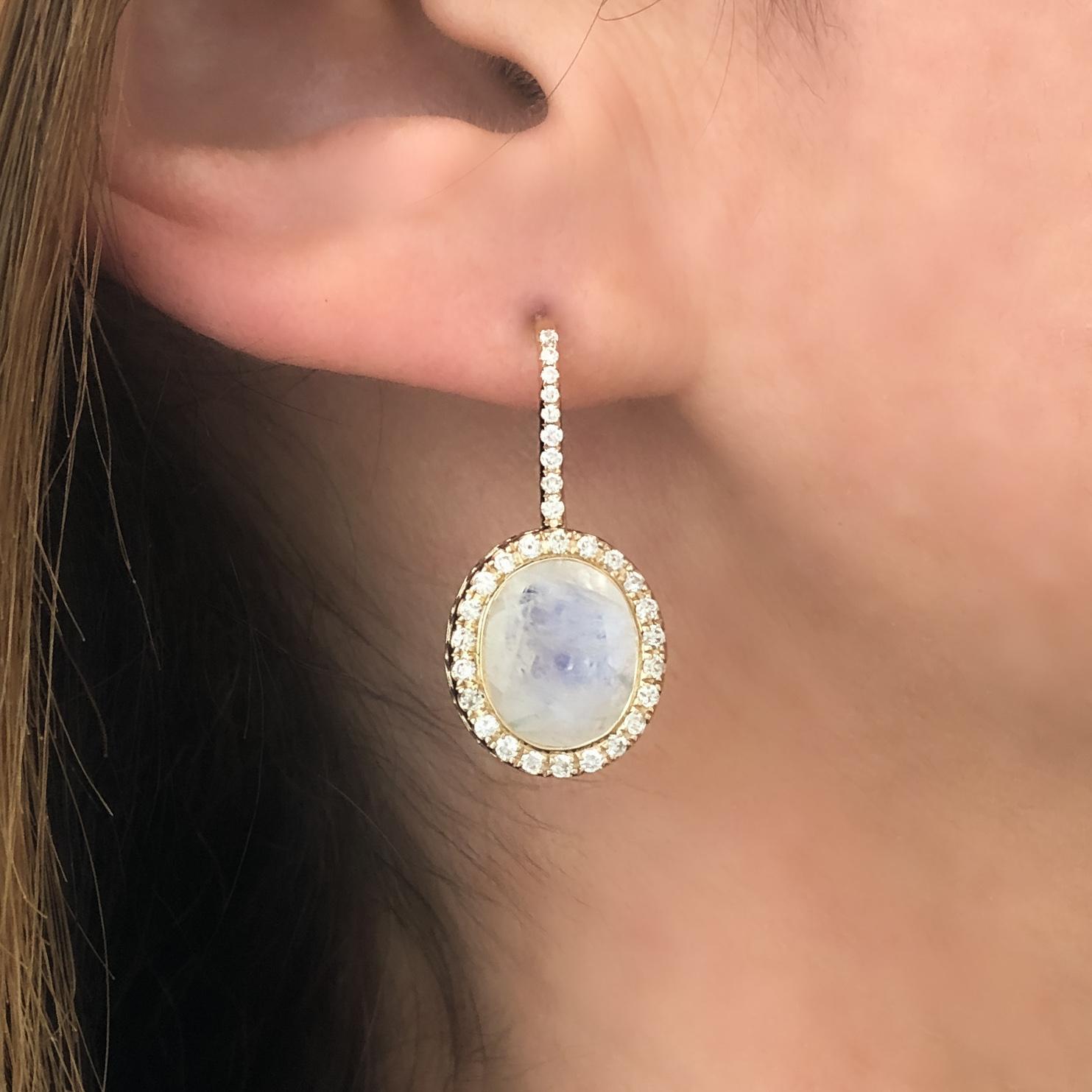 Contemporary 14 Karat Yellow Gold Rainbow Moonstone and Diamond Halo Gemset Dangle Earring