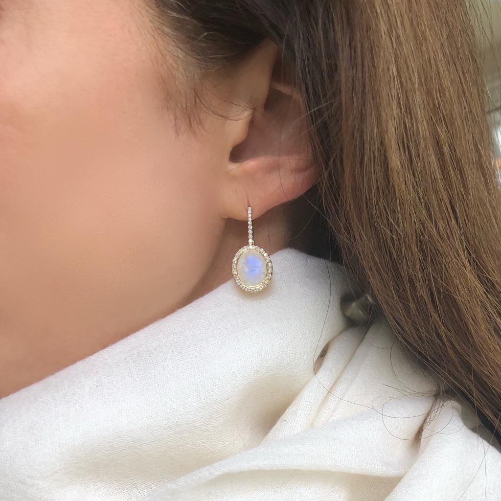 Oval Cut 14 Karat Yellow Gold Rainbow Moonstone and Diamond Halo Gemset Dangle Earring