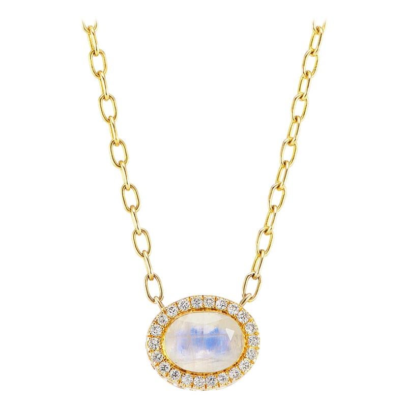 14 Karat Yellow Gold Rainbow Moonstone and Diamond Halo Necklace For Sale