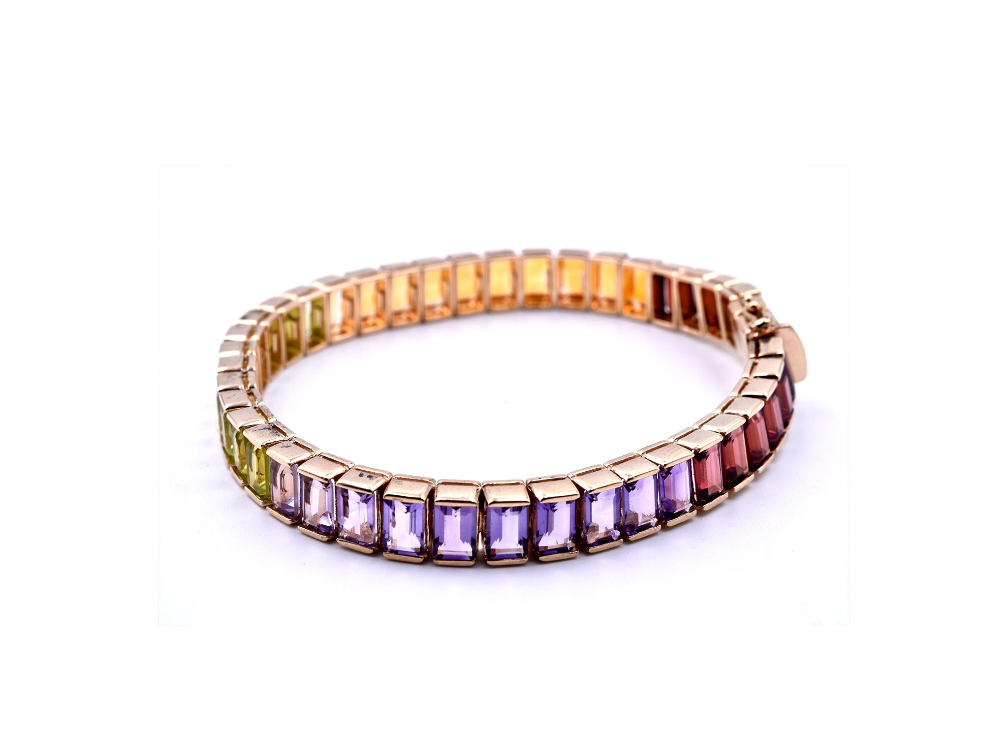 14 Karat Gelbgold Regenbogen Multi Edelstein Tennis-Armband (Baguetteschliff) im Angebot
