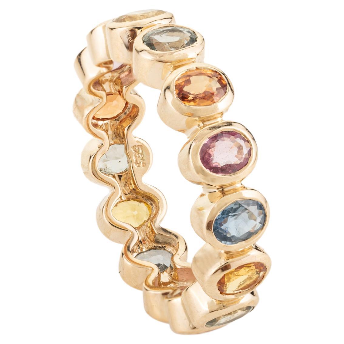 14 Karat Yellow Gold Rainbow Sapphire Bezel Set Eternity Band Ring for Her