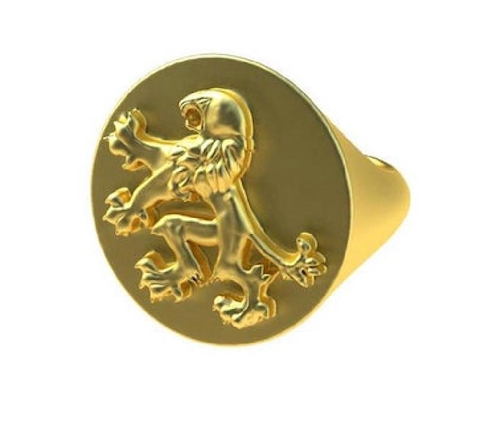 Tiffany designer, Thomas Kurilla created this 14ky Gold Rampant Lion Signet Ring, Matte 14ky, size 9 x 21.50 mm round. This ring is solid gold, no pun intended.  From a cycling trip to Prague, Czech Republic. This is on one of their coins. I