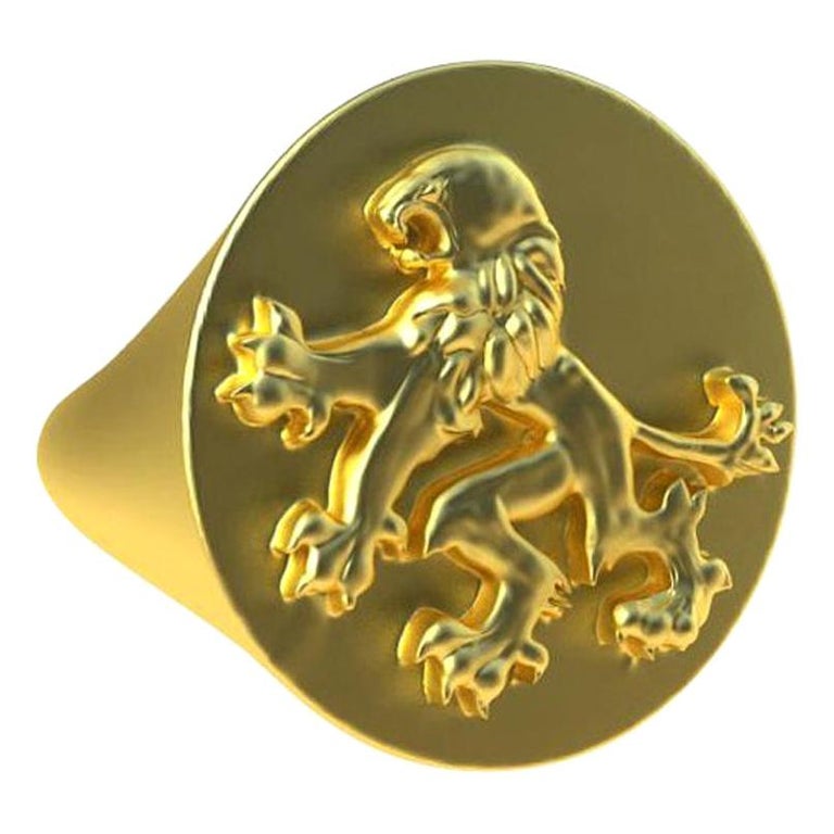 Customizable 14 Karat Yellow Gold Rampant Lion Signet Ring For
