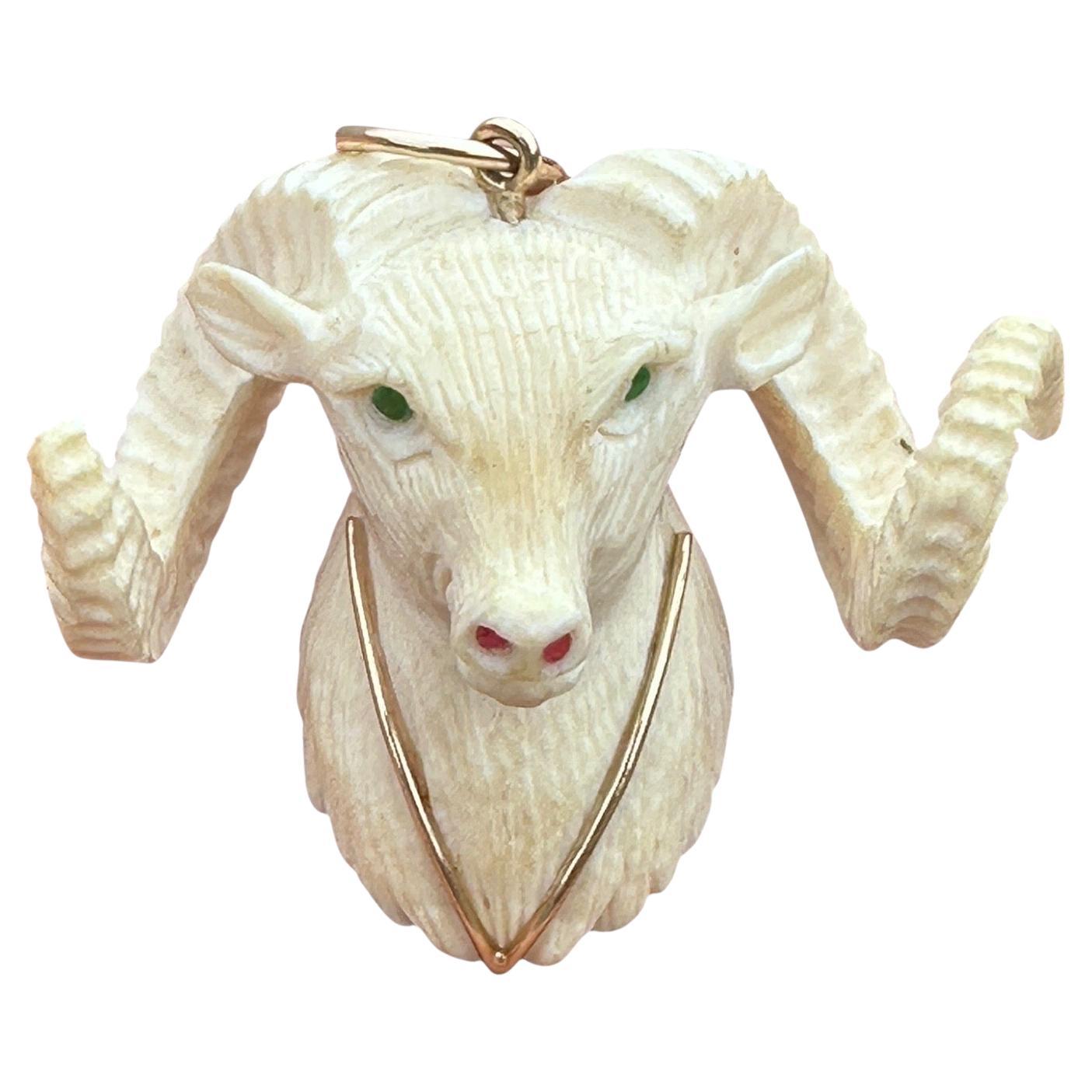 14 Karat Yellow Gold Rams Head Pendant With Ruby And Emeralds Pendant For Sale
