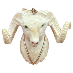 Vintage 14 Karat Yellow Gold Rams Head Pendant With Ruby And Emeralds Pendant