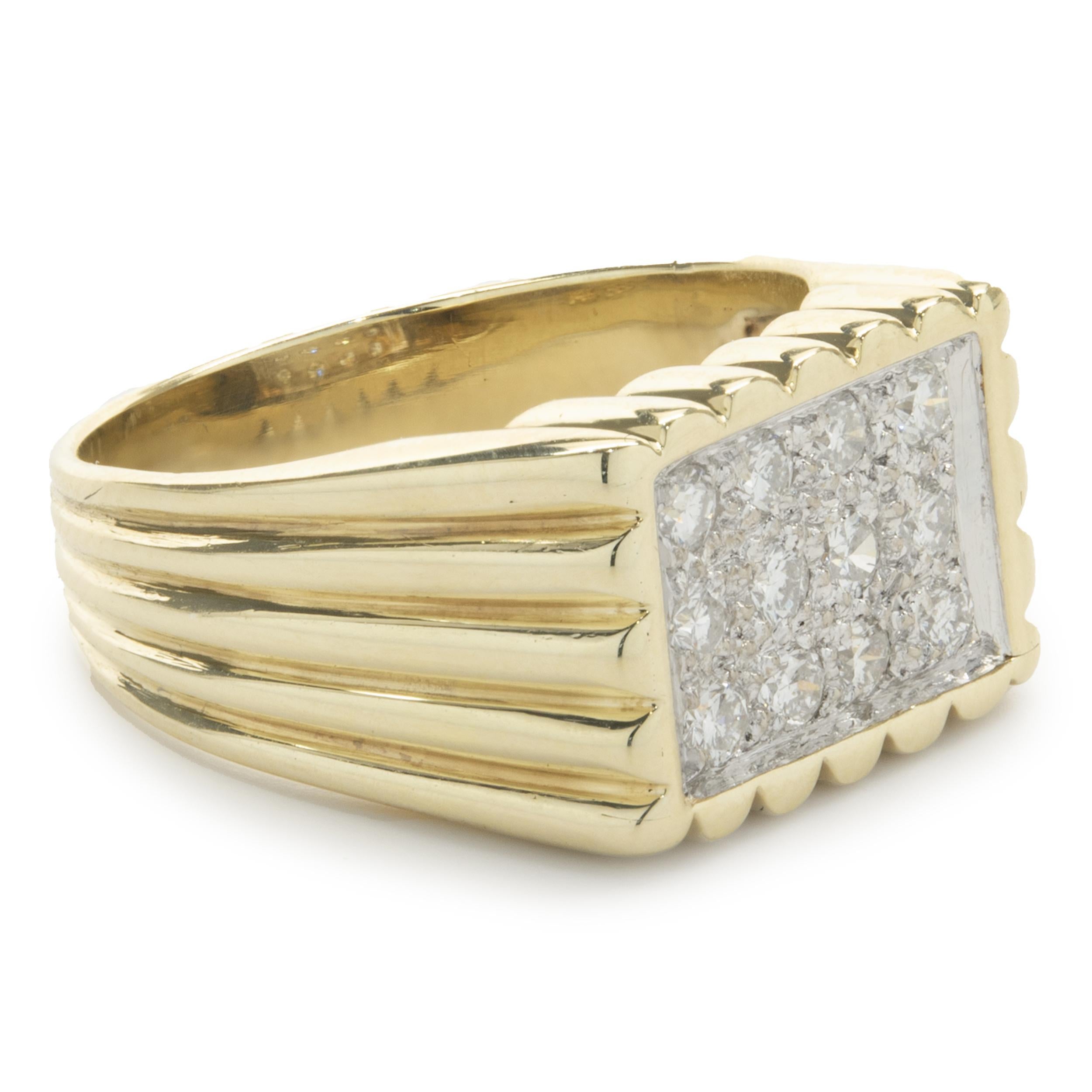 Designer: custom
Material: 14K yellow gold
Diamond: 12 round brilliant cut = 0.24cttw
Color: G
Clarity: SI2
Ring size: 6.5 (please allow two additional shipping days for sizing requests)
Weight:  6.63 grams