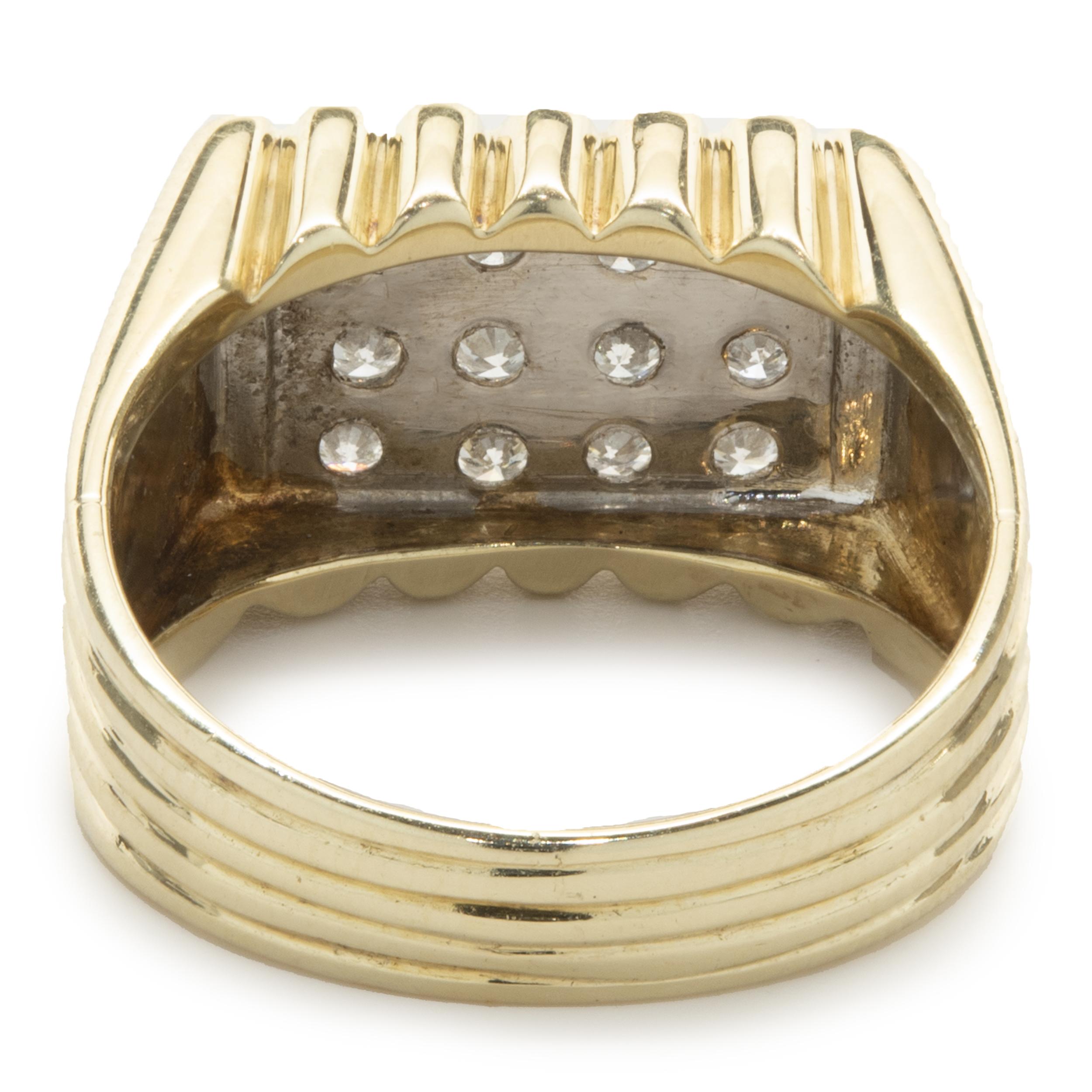 Round Cut 14 Karat Yellow Gold Rectangular Pave Diamond Pinky Ring For Sale