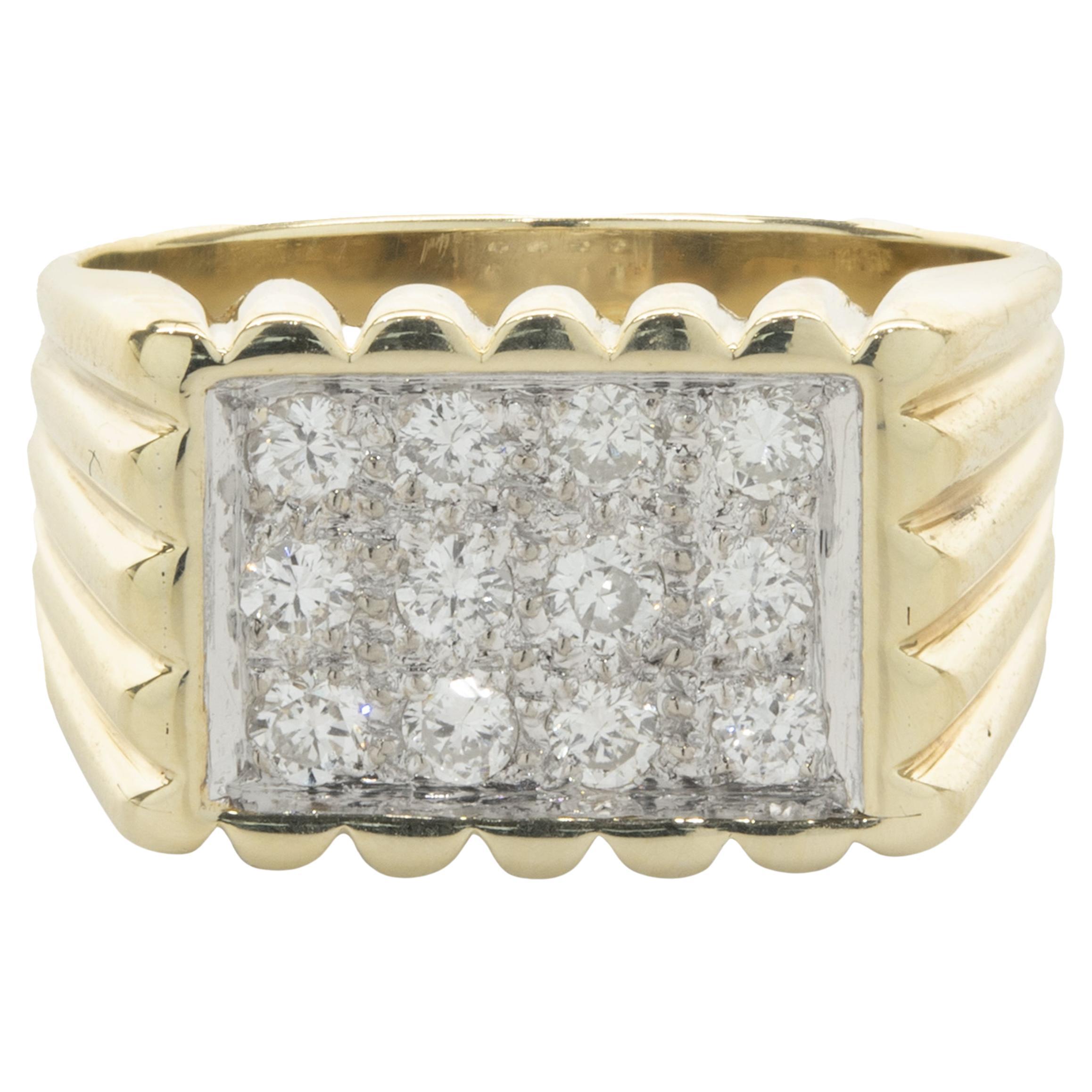 14 Karat Yellow Gold Rectangular Pave Diamond Pinky Ring For Sale