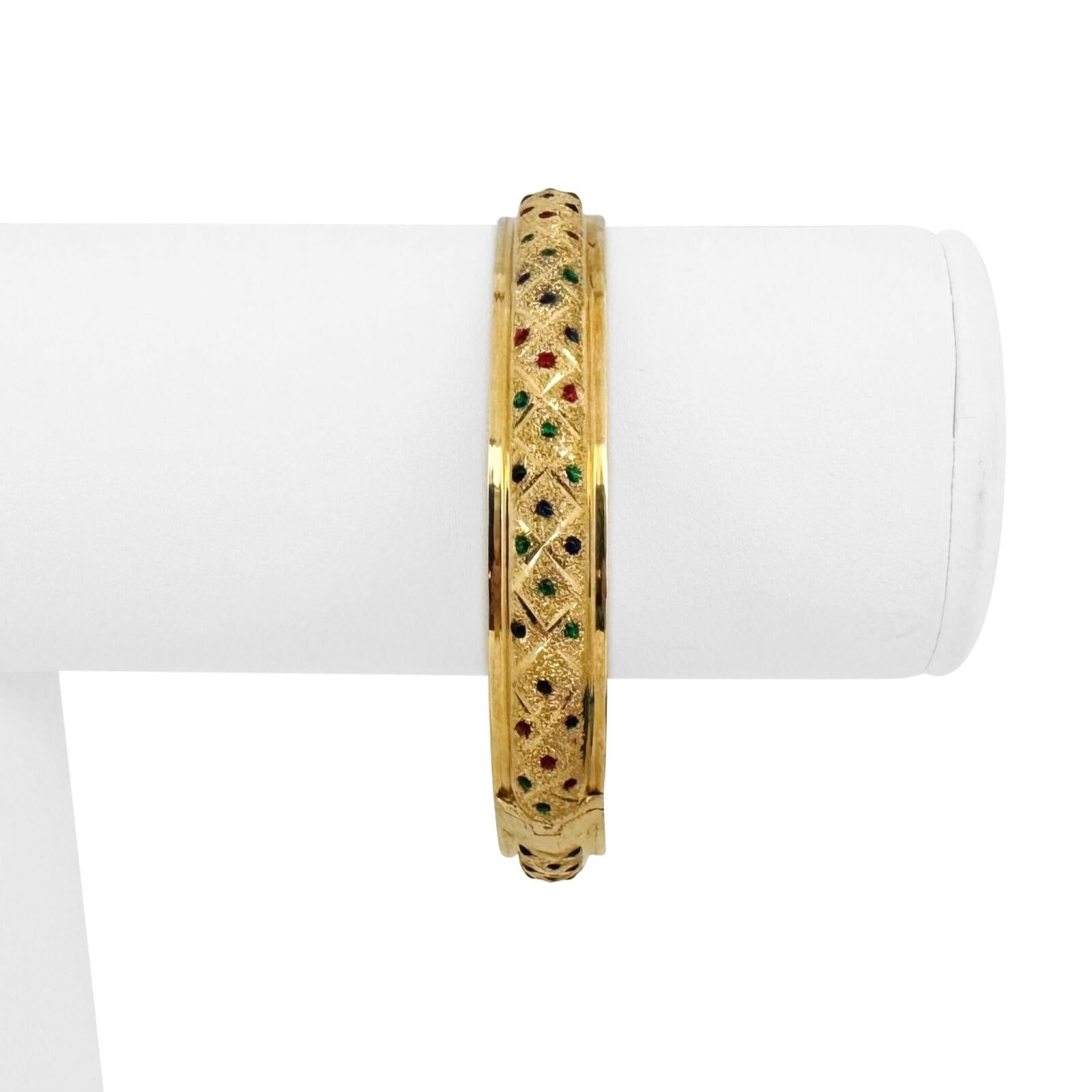 14k Gelbgold 10.4g Rot Blau und Grün Glas Armreif Armband 6.75