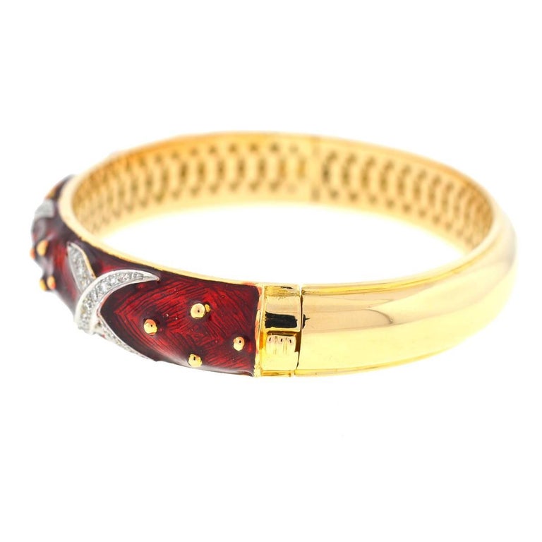 14 Karat Yellow Gold Red Enamel and Diamonds Bangle Bracelet For Sale at 1stdibs