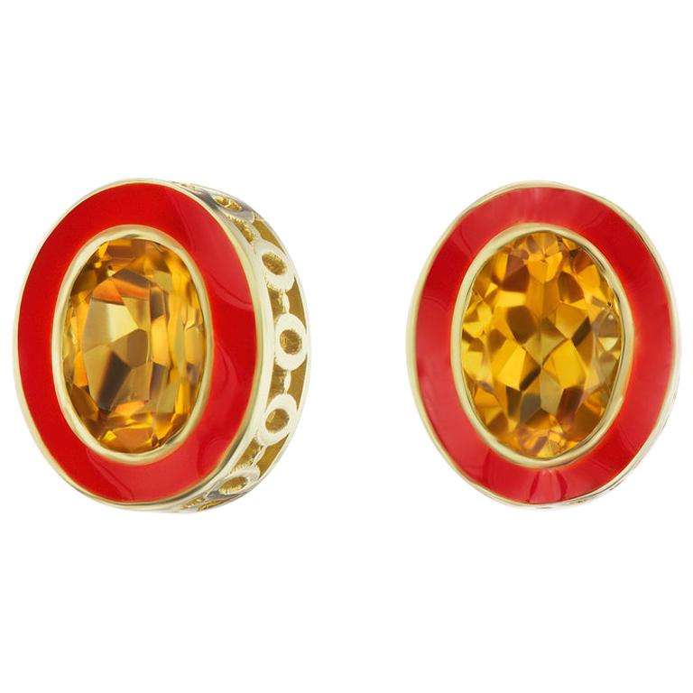 14 Karat Yellow Gold Red Enamel Citrine Stud Earrings