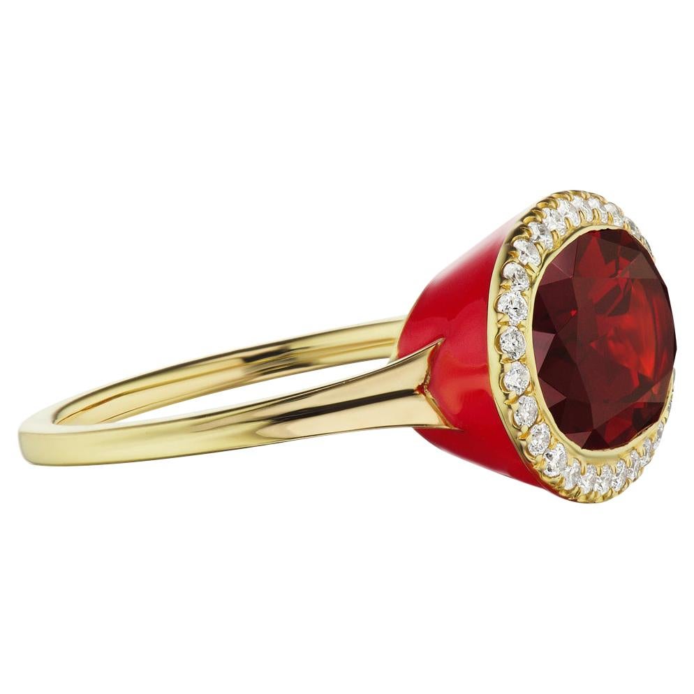 14 Karat Yellow Gold Red Enamel, Garnet and Diamond Cocktail Ring For Sale