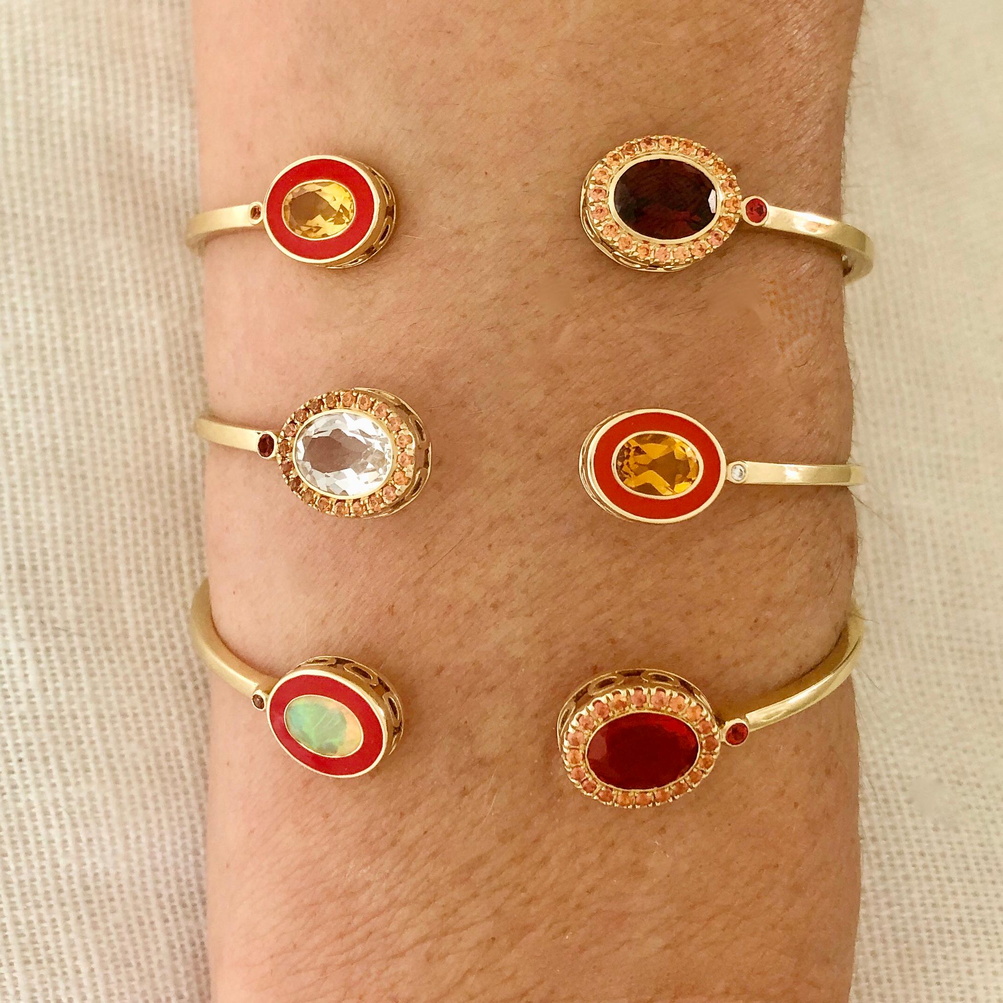 Oval Cut 14 Karat Yellow Gold, Red Enamel, Garnet and Sapphire Cuff Bracelet