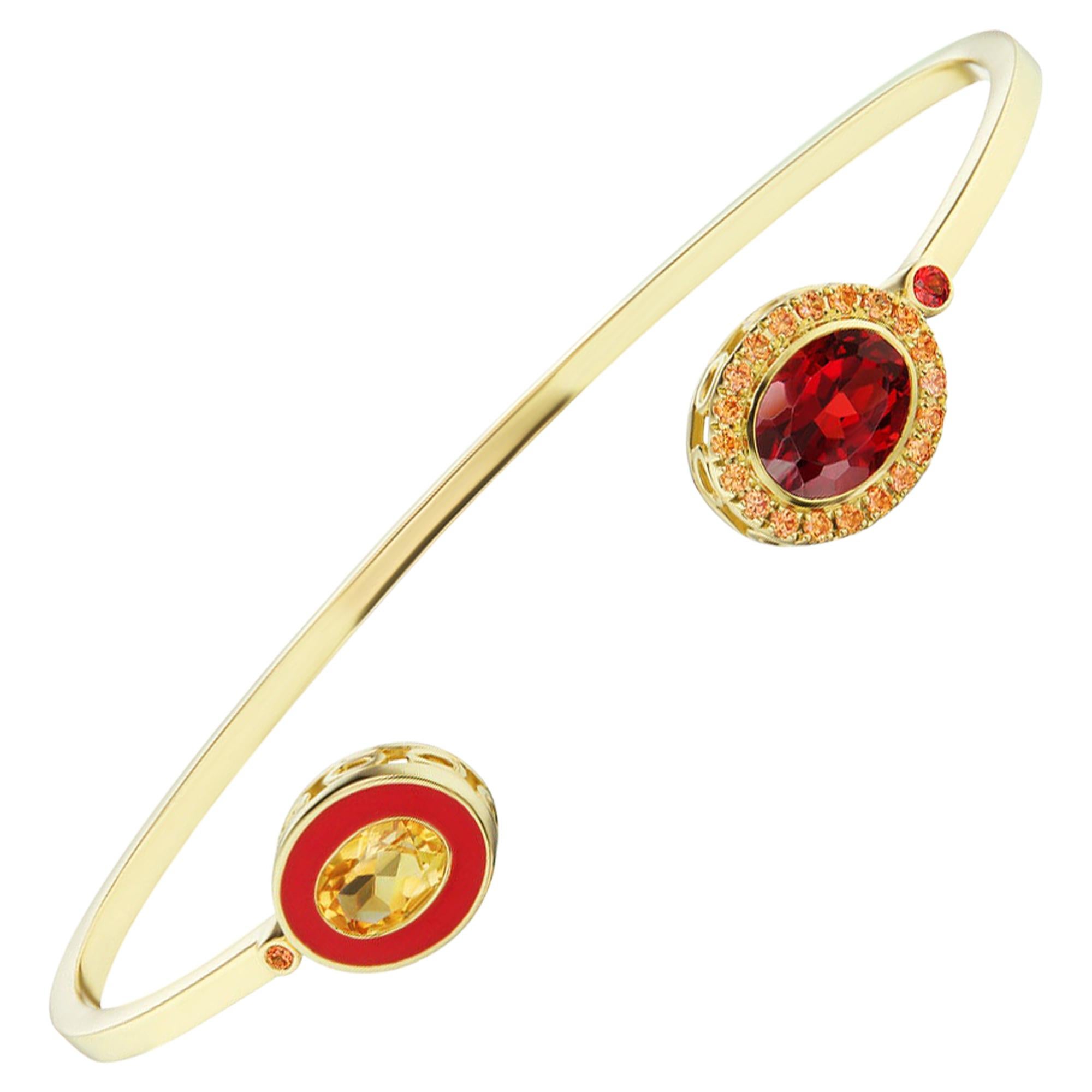 14 Karat Yellow Gold, Red Enamel, Garnet and Sapphire Cuff Bracelet
