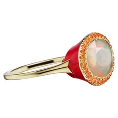 14 Karat Yellow Gold Red Enamel, Opal and Orange Sapphire Cocktail Ring