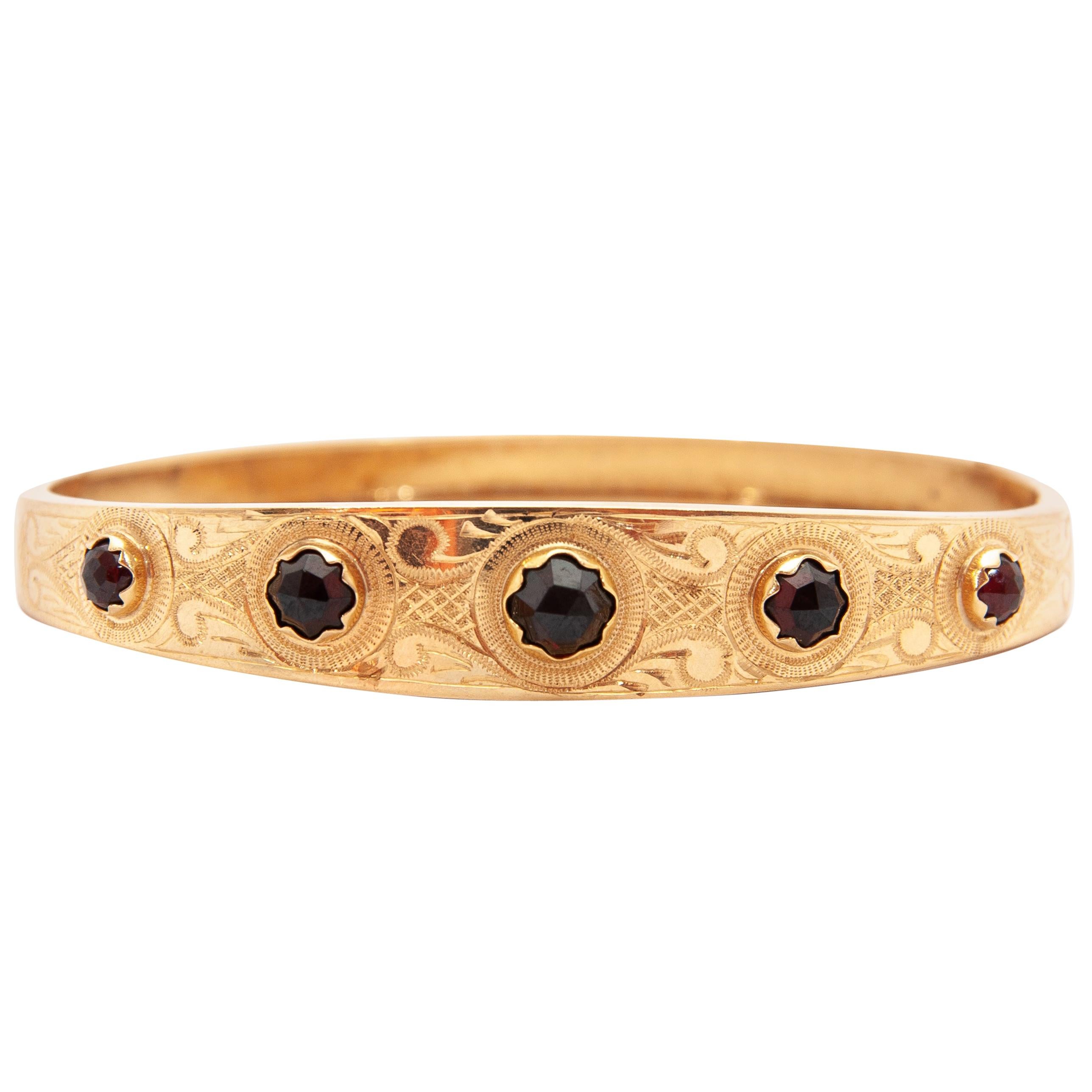 Antique Garnet 14 Karat Gold Engraved Bangle Bracelet