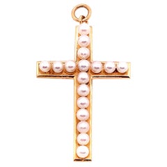 14 Karat Yellow Gold Religious Crucifix Charm / Pendant with 17 Round Pearls