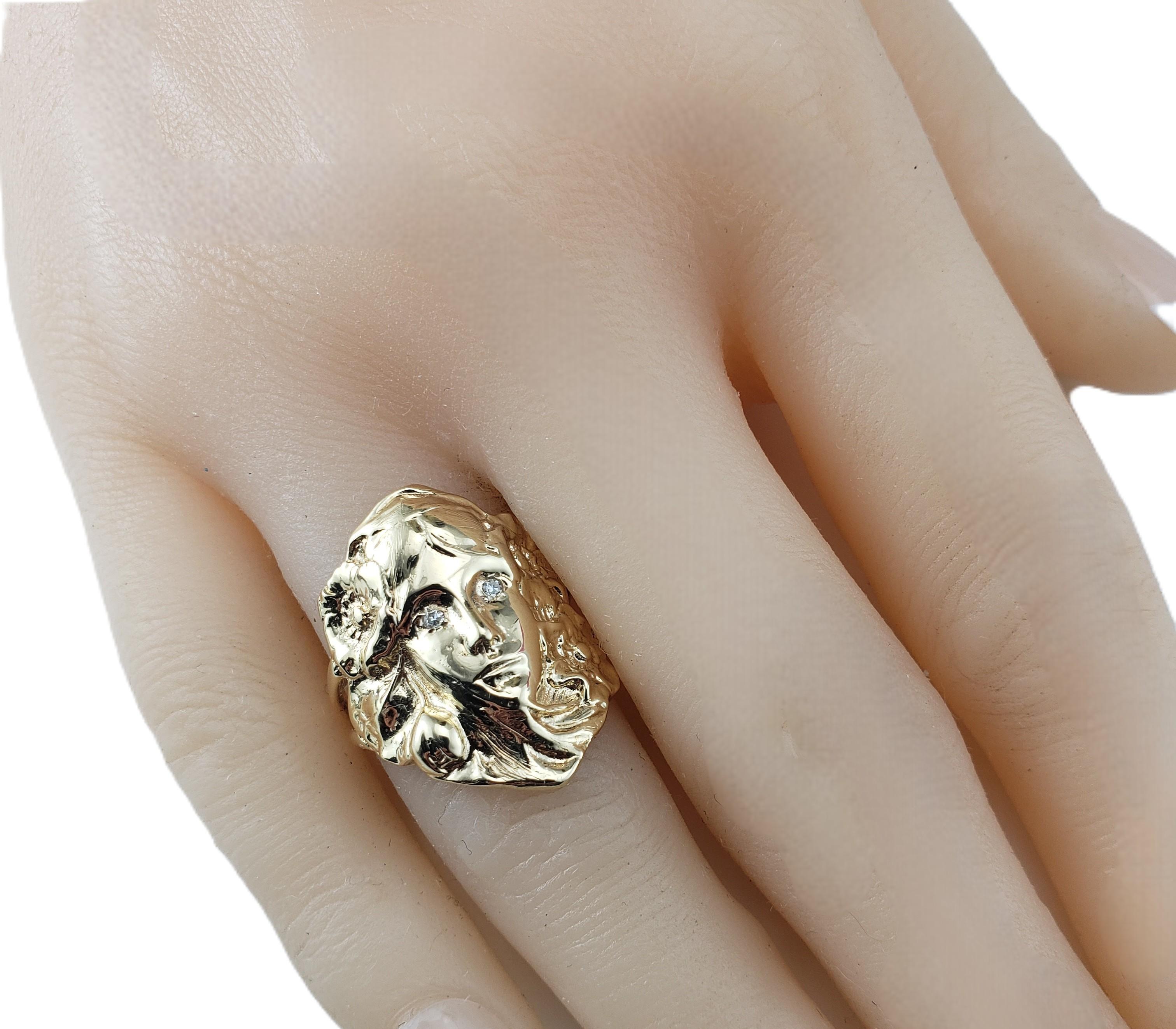 14 Karat Yellow Gold Repousse Diamond Woman Face Ring Size 7.75 #21182 For Sale 2
