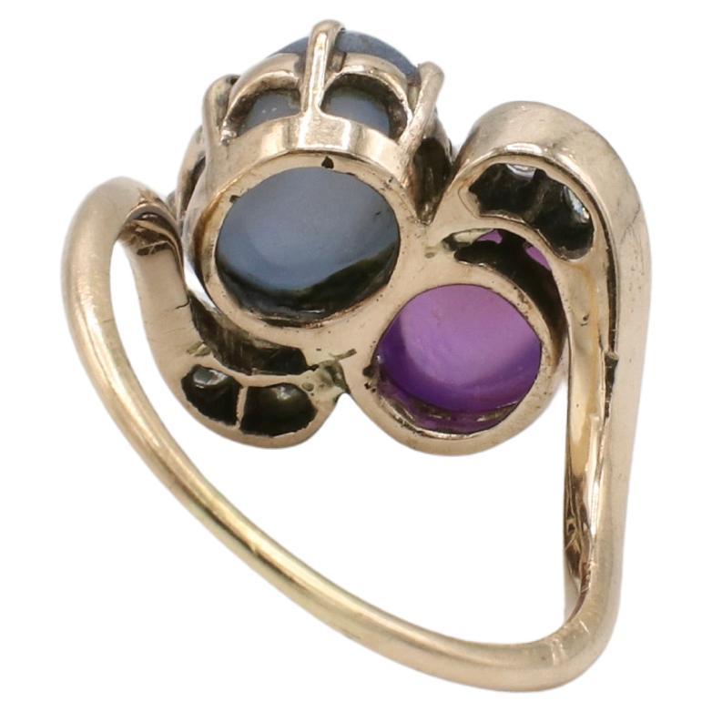 Cabochon 14 Karat Yellow Gold Retro Star Blue & Pink Natural Sapphire Twin Dome Ring For Sale
