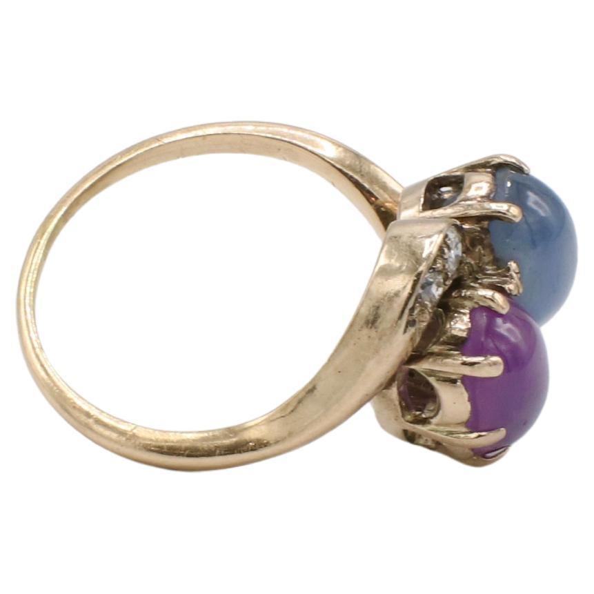 14 Karat Yellow Gold Retro Star Blue & Pink Natural Sapphire Twin Dome Ring In Excellent Condition For Sale In  Baltimore, MD