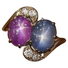 14 Karat Yellow Gold Retro Star Blue & Pink Natural Sapphire Twin Dome Ring