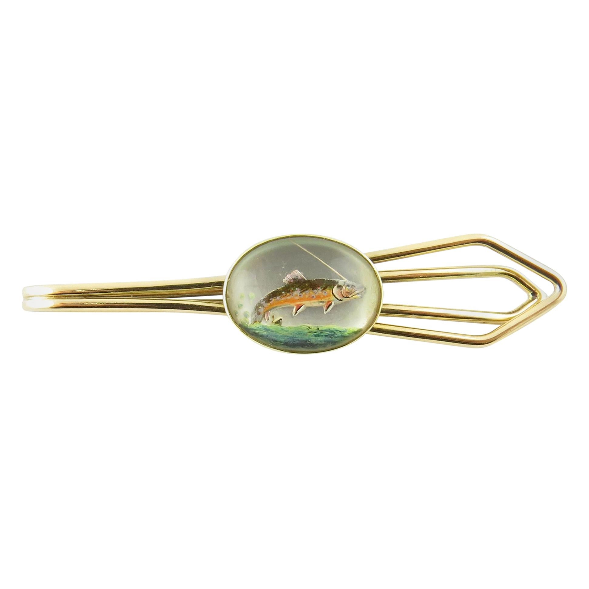 14 Karat Yellow Gold Reverse Intaglio Fish Tie Clip For Sale