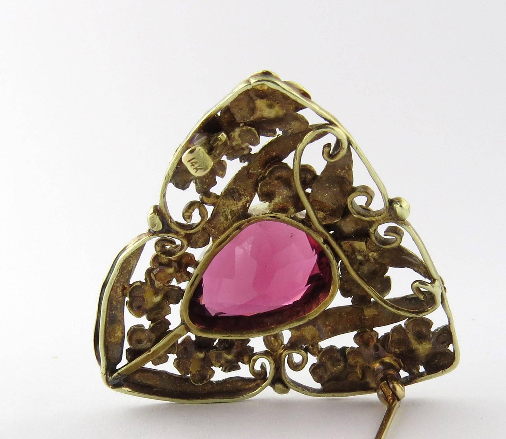 14 Karat Yellow Gold Rhodolite Floral Triangular Pin Brooch 1