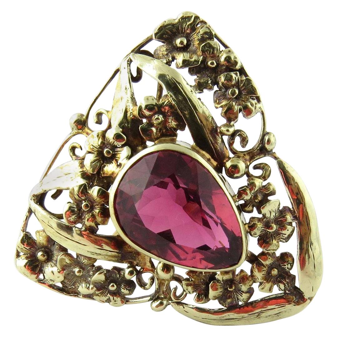 14 Karat Yellow Gold Rhodolite Floral Triangular Pin Brooch